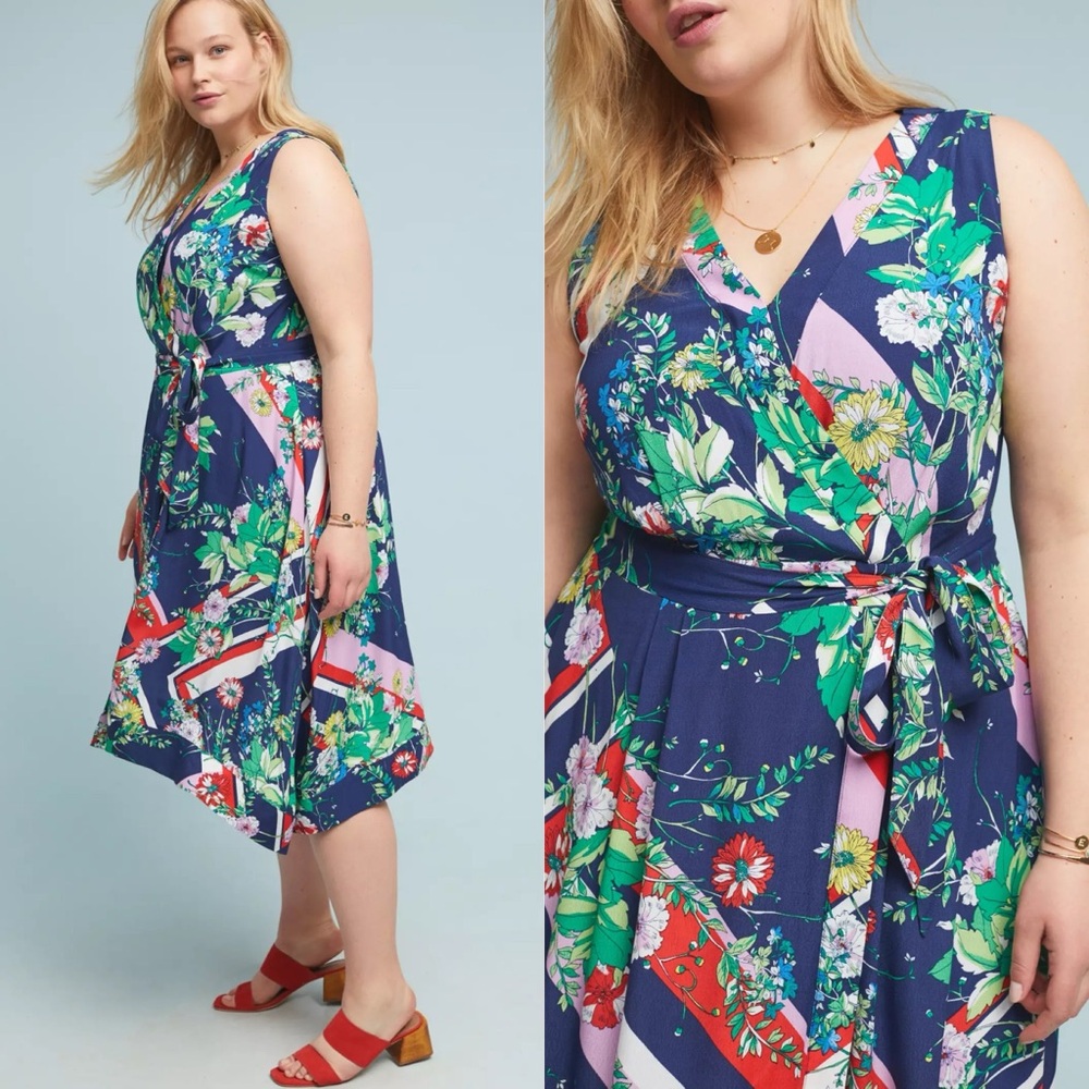 Anthropologie Floral Navy Blue Pink Green Wrap Midi Dress